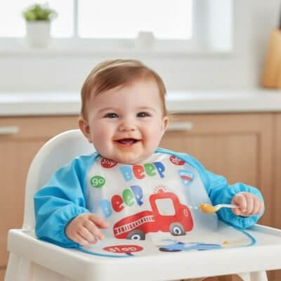 Bavoir pour bebe manches longues imperméable, bébé souriant avec un bavoir coloré pendant le repas.