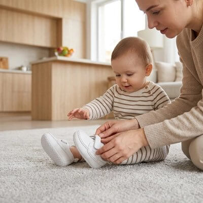 Mère aidant son bébé à mettre des chaussons confortables sur un tapis, illustrant la Chaussure bebe | Douceur.