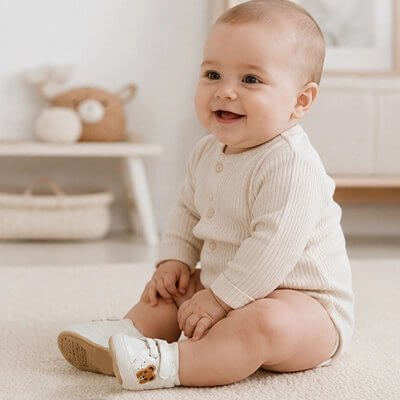 Bébé souriant portant Chaussure bebe, symbole de son premier pas vers l'autonomie.