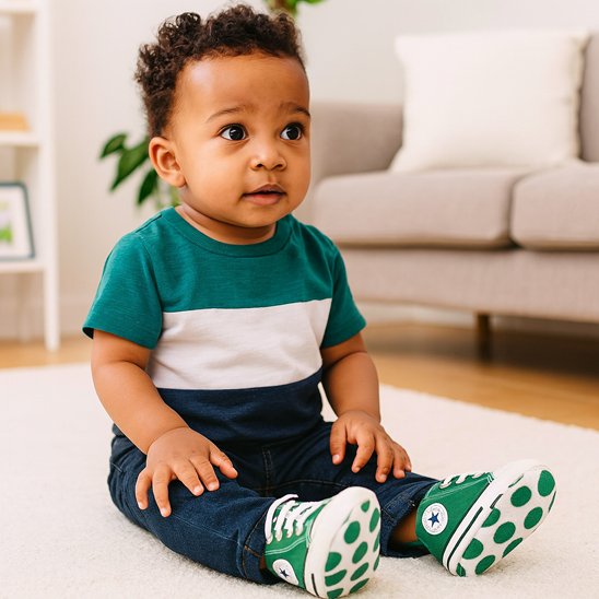 Chaussure bebe : Un petit garçon assis portant des chaussures vertes et un t-shirt coloré dans un salon moderne.