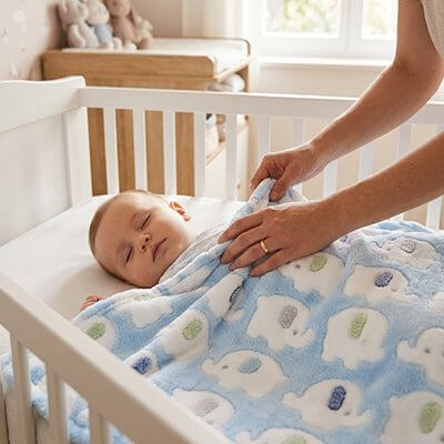 Couverture bébé | Chamoix, un bébé paisiblement endormi sous une couverture douce et moelleuse dans un lit.