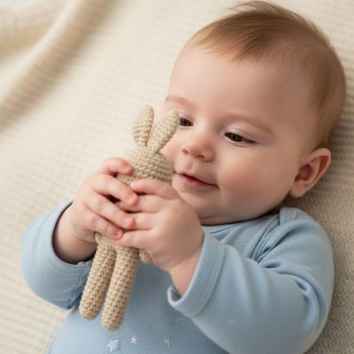 Bébé tenant un Doudou bebe lapin en peluche, le compagnon tout doux des petits