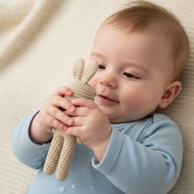 Bébé tenant un Doudou bebe lapin en peluche, le compagnon tout doux des petits