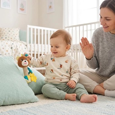 Bébé jouant avec un hochet bébé évolutif sensoriel, entouré de coussins dans un environnement serein.