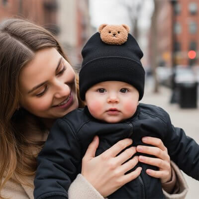 Un bonnet bebe noir avec un ours en peluche, portée par un bébé dans les bras de sa mère, un look chaleureux et adorable.