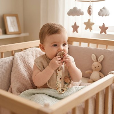 Attache tetine pratique plus portée par un bébé dans les bras de sa maman