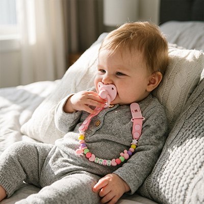 Attache tetine colorée rouge et jaune fixée sur la tenue d'un bébé