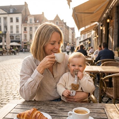Maman souriante avec une tasse de café et bébé tenant une attache tetine facile à utiliser en plein air.