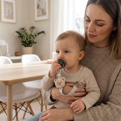 Attache tetine facile à utiliser sur un bébé dans les bras de sa maman, décor moderne et lumineux.