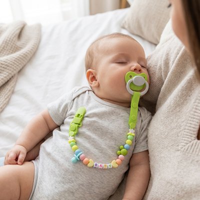 Attache tetine colorée portée par un bébé jouant dans son transat