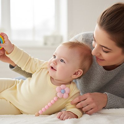Attache tetine pastel vue de près, clip solide et perles douces pour bébé 