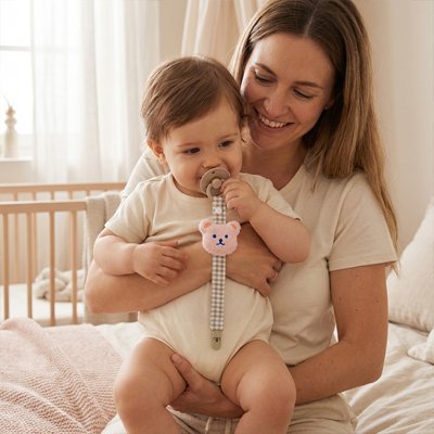 Attache tetine facile à utiliser pour bébé, maman souriante avec son enfant à la maison.