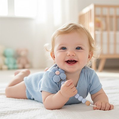 Attache tetine pastel beige fixée sur la veste d'un bébé, design scandinave