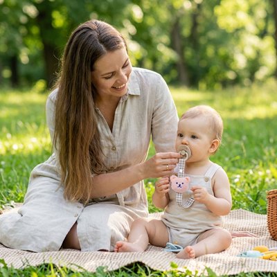 Maman et bébé avec attache tetine facile à utiliser lors d'un pique-nique en plein air, sourires et détente.