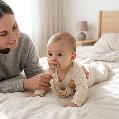 Attache tetine tendance portée par un bébé dans les bras de sa maman