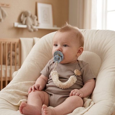 Attache tetine tendance en coton naturel fixée sur la veste de bébé 