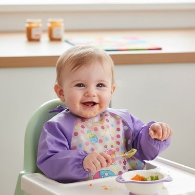 Bavoir bébé manches longues imperméable porté par un enfant souriant pendant un repas.