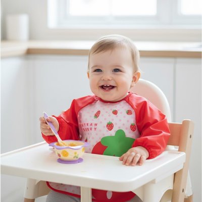 Bavoir bébé manches longues imperméable sur un bébé souriant à la chaise haute avec un bol.