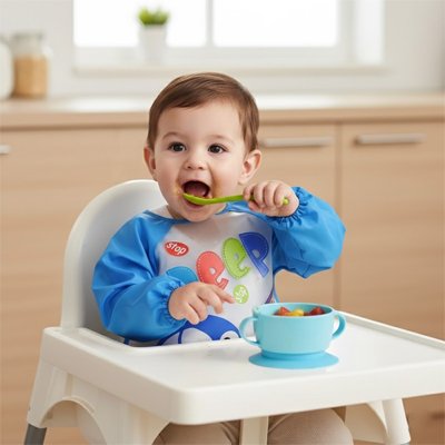 Bavoir bébé manches longues imperméable en action avec un enfant dégustant son repas.