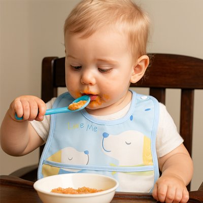 Bavoir Bébé imperméable à poche avec motifs de chiens, offrant une protection confortable pendant les repas.