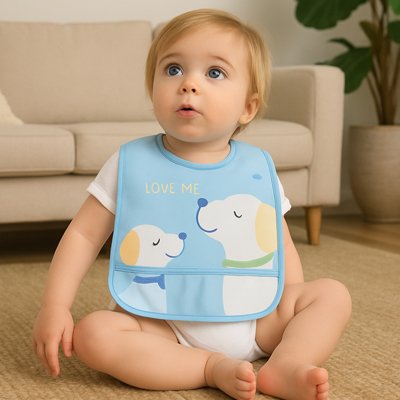 Bavoir Bébé imperméable à poche avec motifs de chiens pour un repas sans irritations.