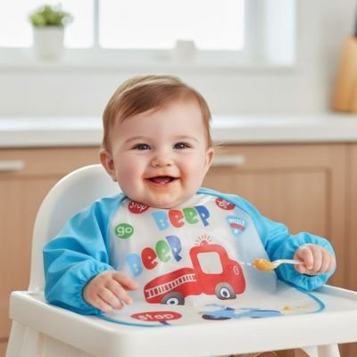 Bavoir pour bebe manches longues imperméable, bébé souriant avec un bavoir coloré pendant le repas.