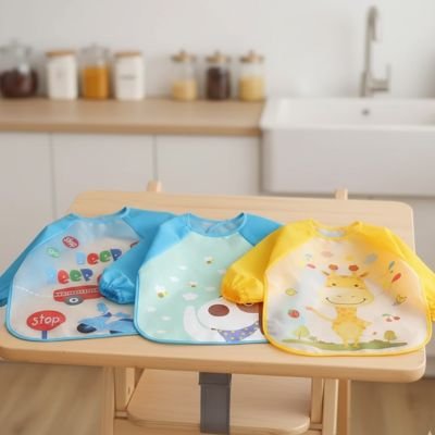 bavoir pour bebe imperméable aux couleurs vives sur une table, parfait pour les repas sans dégât.