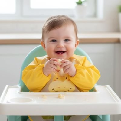 Un bébé souriant portant un bavoir pour bebe imperméable, prêt à manger.