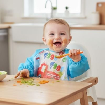 Bavoir pour bebe imperméable, bébé heureux avec des aliments sur son visage et autour de lui.
