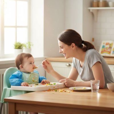 Maman nourrissant son bébé avec un bavoir pour bebe imperméable pendant le repas.
