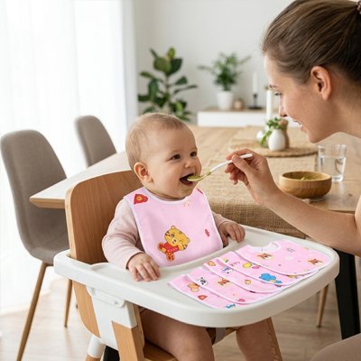 Bavoir bébé coton ultra-absorbant à poche brodé, un moment mère et enfant pendant le repas.