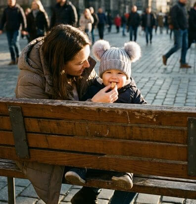 Bébé souriant avec un Bonnet Bebe à pompons sur une banc, protégé du froid en extérieur.