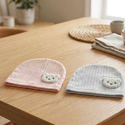Bonnet bebe - deux bonnets pour bébé en rose et gris avec un motif de sourire sur une table en bois.