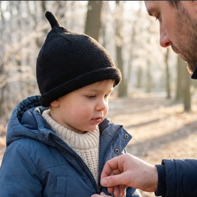 Un enfant portant un bonnet bebe noir pendant une journée en forêt avec un adulte.
