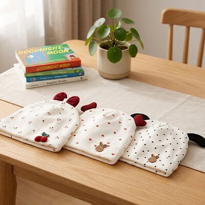 Bonnet bebe | Douce Protection, trois bonnets en tissu doux avec motifs, sur une table en bois.