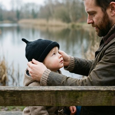 Un parent ajustant un bonnet bebe noir sur la tête d'un enfant au bord d'un lac.