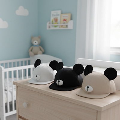 Casquette pour bebe garcon design panda en noir, blanc et beige sur une commode, idéale pour la protection UV.