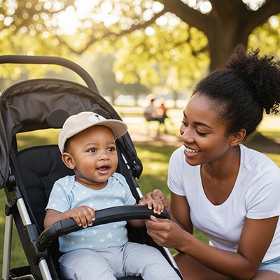 Casquette pour bebe garcon portée par un bébé dans une poussette au parc, sourire et protection solaire.