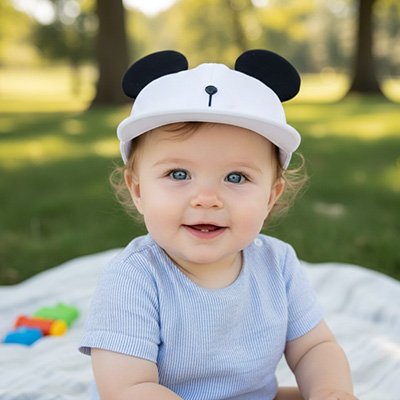 Bébé souriant portant une casquette pour bebe garcon design panda sur un tapis en plein air