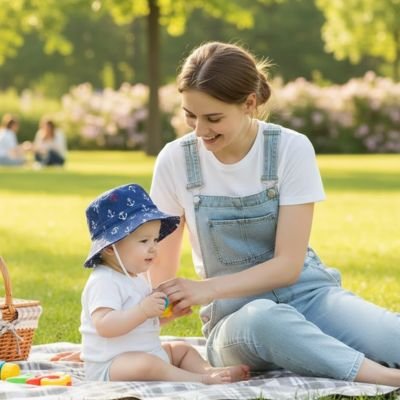 Chapeau bebe-maman assise avec bebe