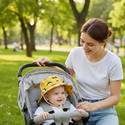 Chapeau bebe-bebe dans sa poussette 