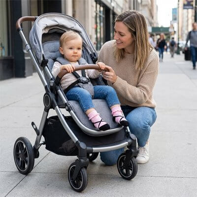Mère souriante avec son bébé dans une poussette, portant des chaussettes bebe, dans une rue animée.