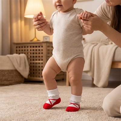 Bébé en train de se tenir debout avec des chaussettes bebe rouges et blanches, protection pour petits pieds.