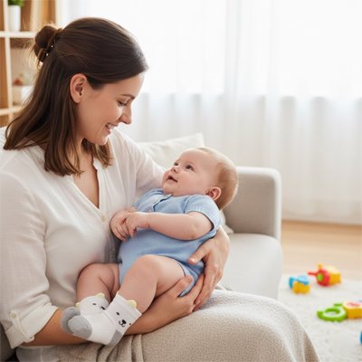 Mère souriante tenant son bébé avec des chaussettes bebe, jouant confortablement dans un salon lumineux.
