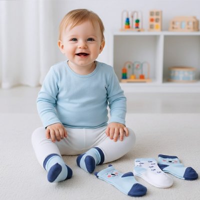Bébé souriant portant des chaussettes bebe colorées, jouant dans un environnement chaleureux.