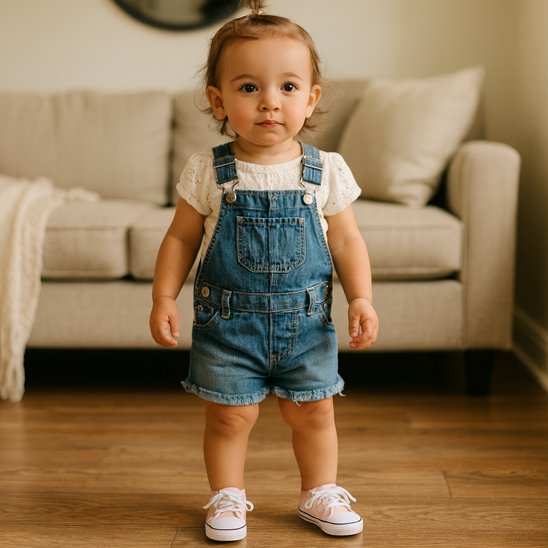 Chaussure bebe portée par un enfant debout dans un salon, prête pour ses premiers pas vers l'aventure.