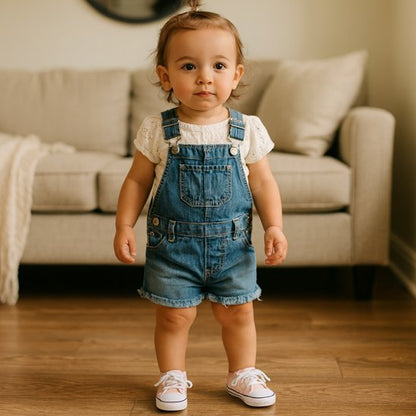 Chaussure bebe portée par un enfant debout dans un salon, prête pour ses premiers pas vers l'aventure.