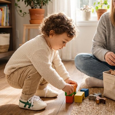 Un enfant joue avec des blocs colorés tout en portant Chaussure bebe blanche, découvrant le monde avec curiosité.