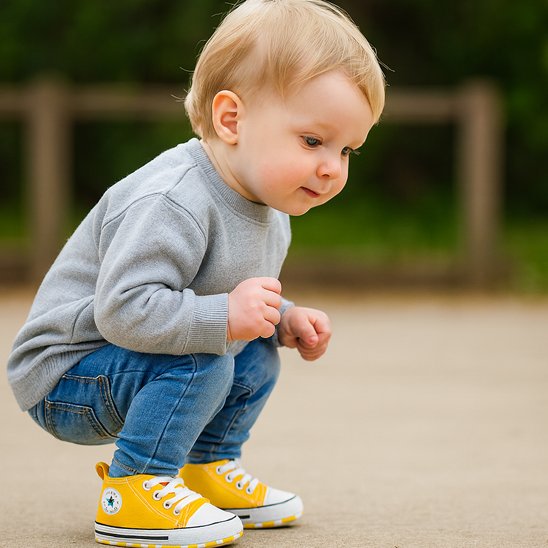 Bébé en train de squatter dans des chaussures jaunes, symbolisant les premiers pas avec une chaussure bebe.