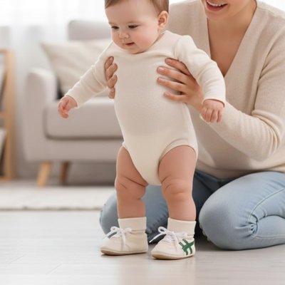 Bébé se tenant debout en chaussure bebe avec l'aide d'un adulte, prêt à faire ses premiers pas.